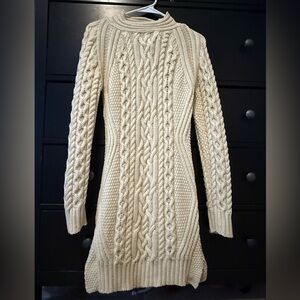 Aran Crafts Cream Cable Knit Mock-neck  Sweater Dress - Size S, 100% Merino Wool
